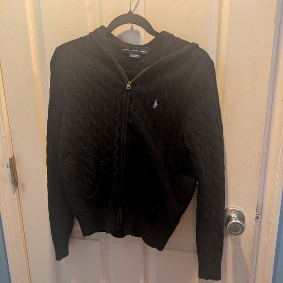 Ralph Lauren Black Cable Knit Zip-Up Hoodie - Picture 1 of 5